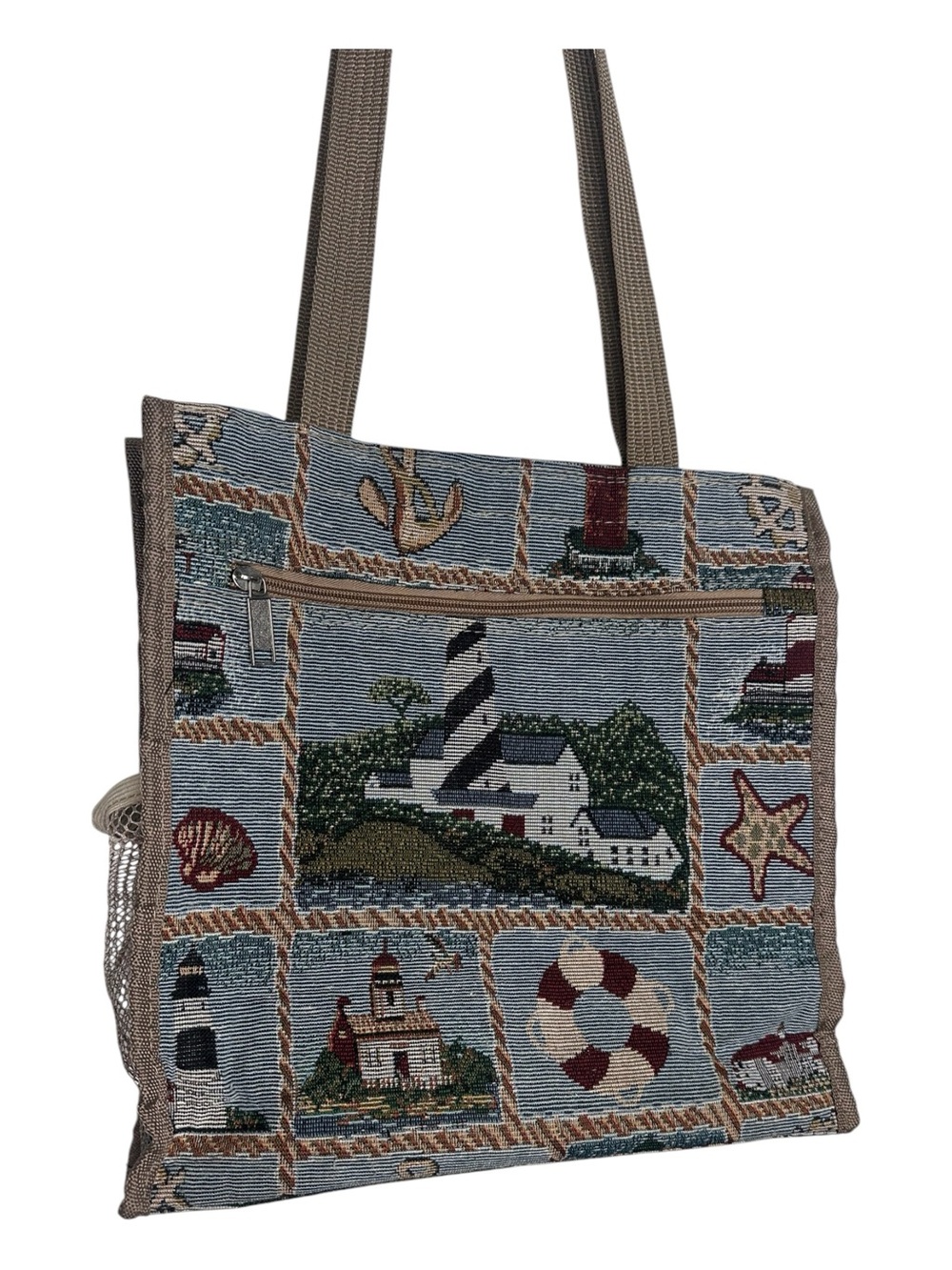 Coastal Patchwork Tote Bag in Blue and Tan
